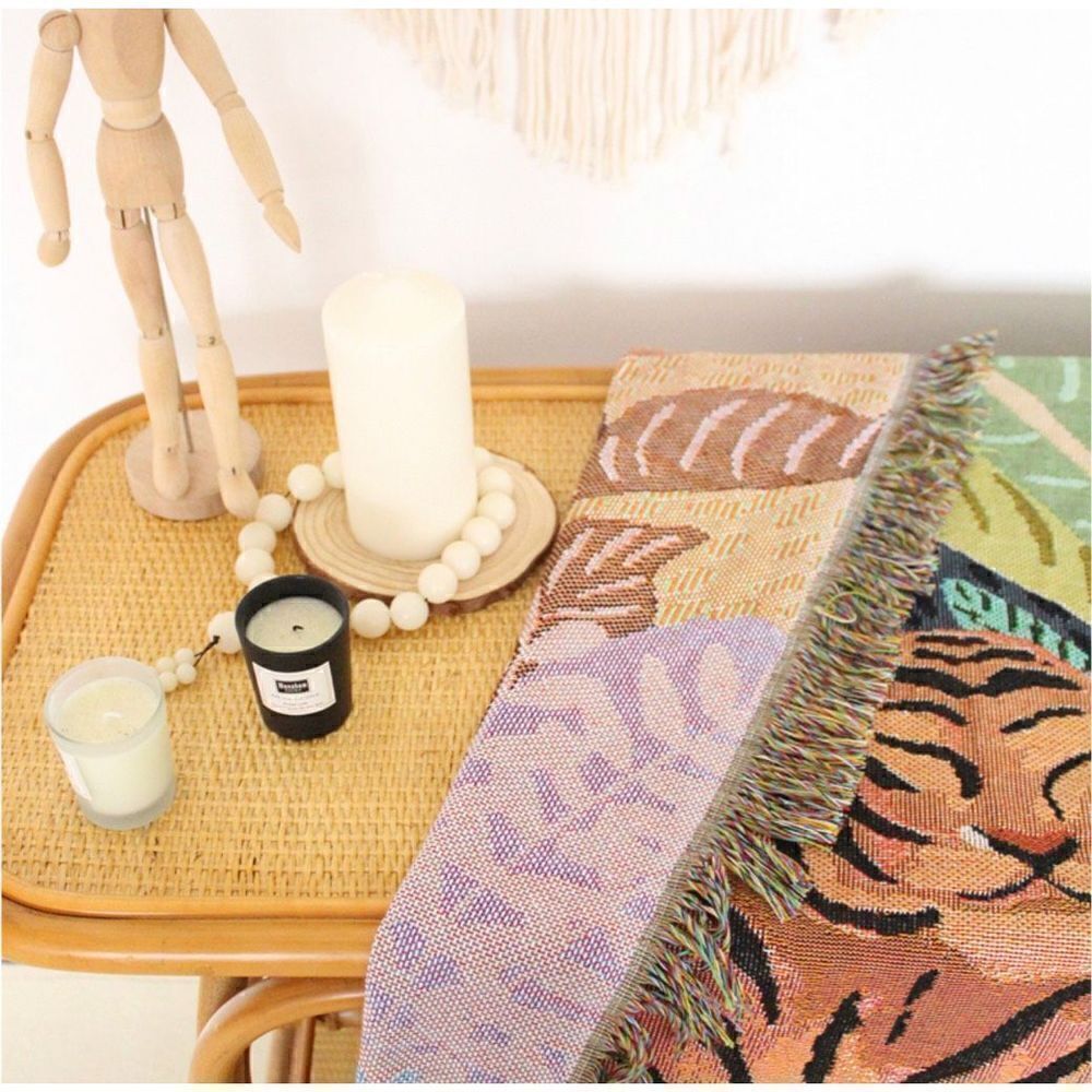 Boho Vibes Tiger and Woman Reading Woven Jacquard Throw Blanket Tapestry - Picture 3 of 6